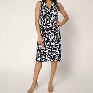 Susan Graver Liquid Knit Faux Wrap Cascade Dress Plus Sz 2X Petite Black Graphic